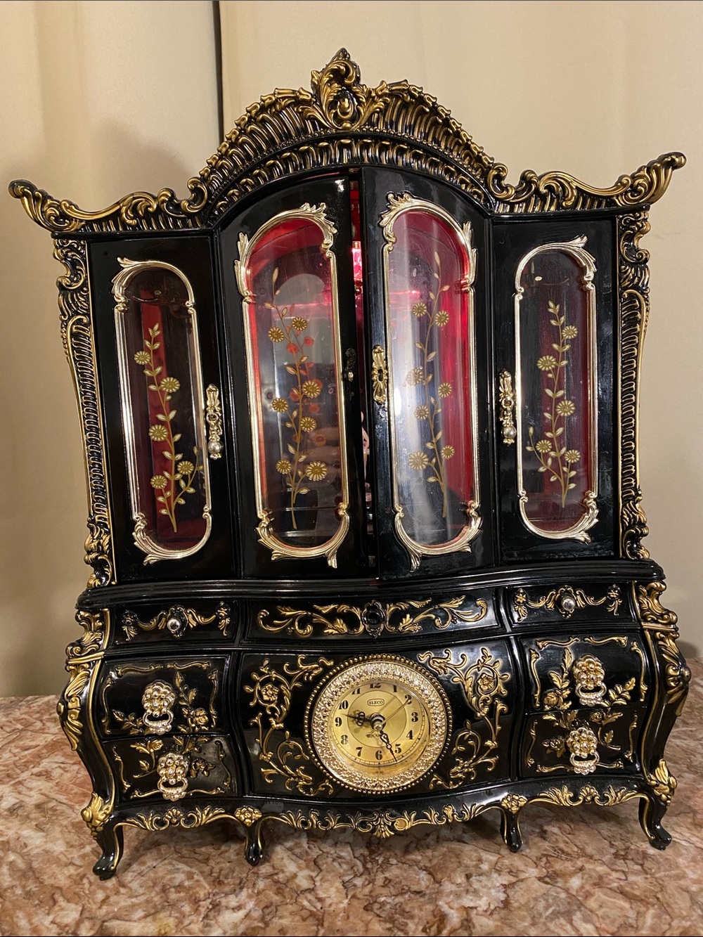 Vintage Eleco Musical Jewelry Armoire Clock w/ Spinning Ballerina Black & Gold